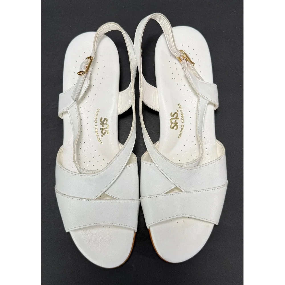 SAS Wedge Sandals Womens 9.5 N White Leather Tripad Comfort Slingback B9 219290